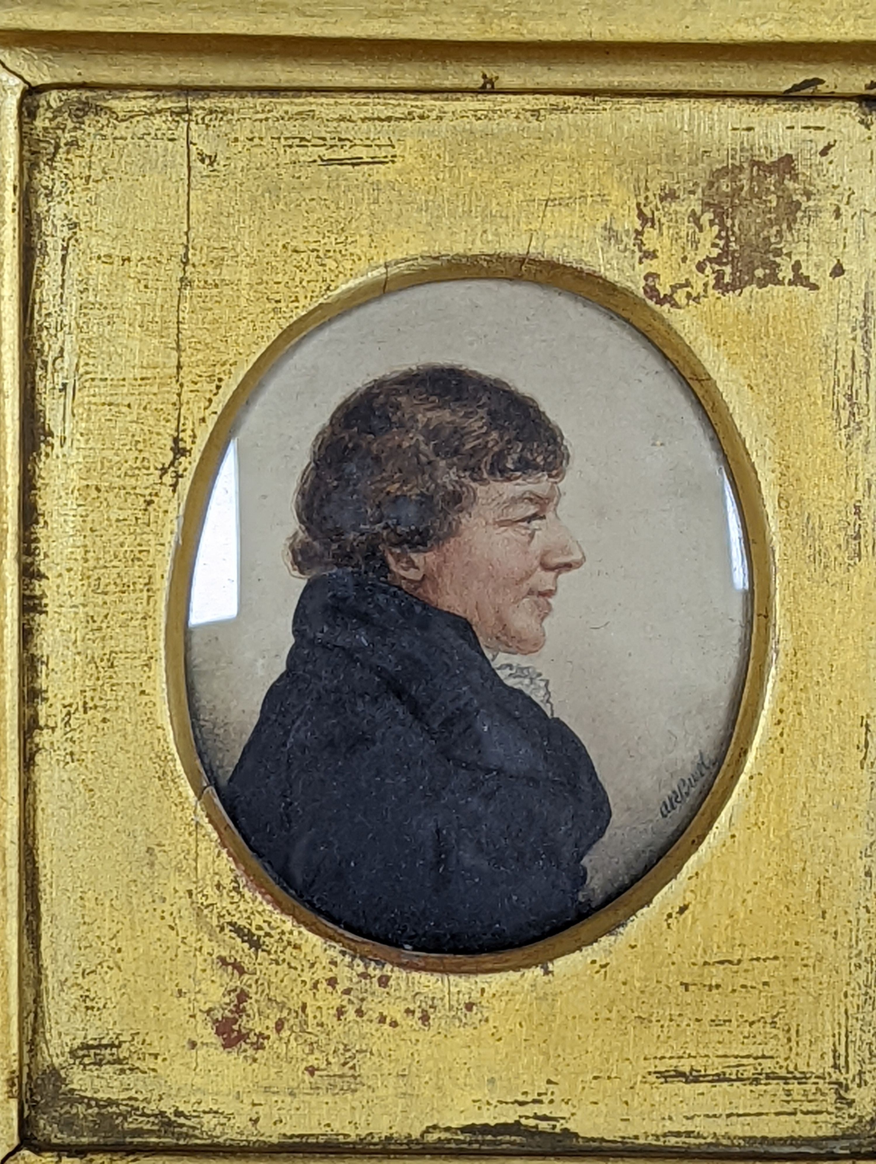 Albin Roberts Burt (1784-1842), pair of watercolour on paper miniatures, Portraits of a lady and gentleman, both signed, 6.5 x 5.5cm and an oil on ivory miniature